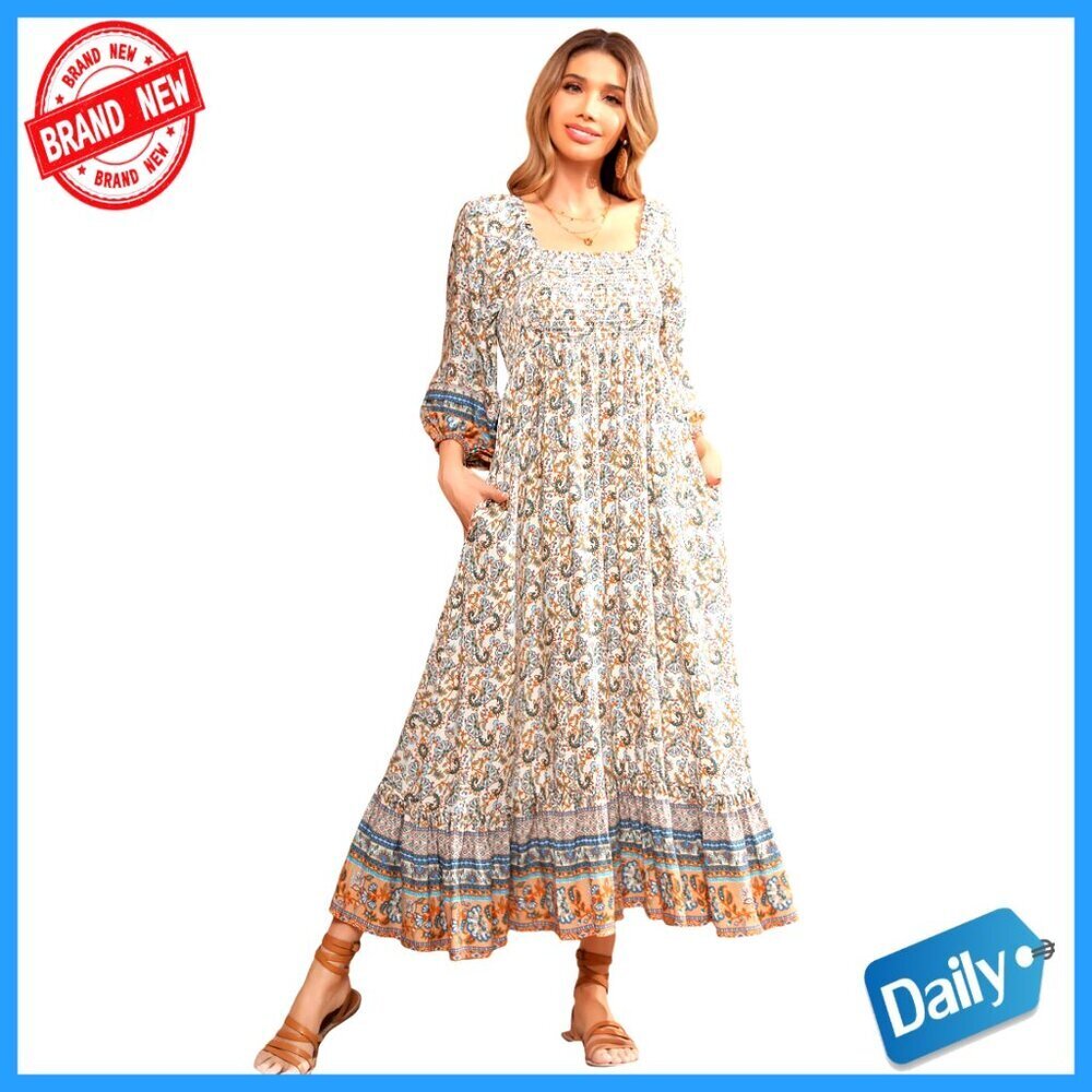 Women's 3/4 Sleeve Square Neck Midi Dress Empire Waist Flowy Boho